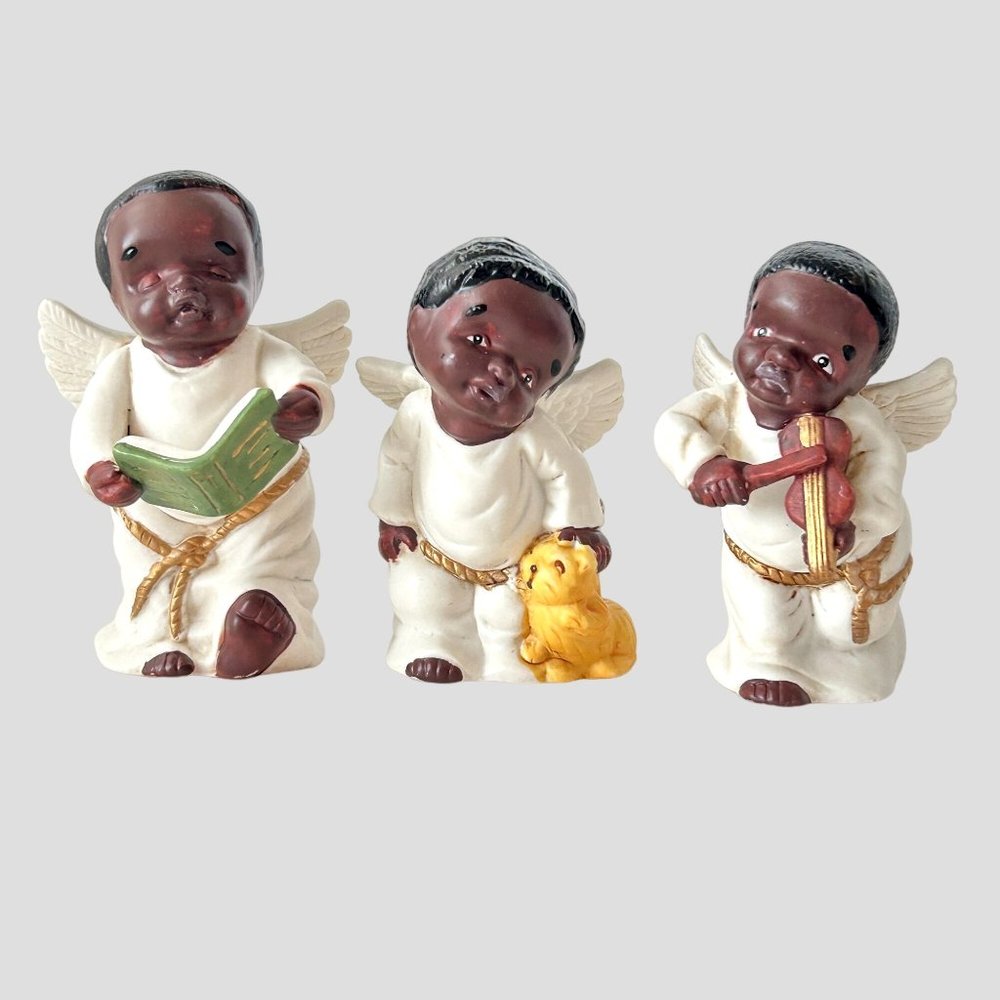 Lot 3 Black African American Angel Cherub Figurine Signed Vigor Ceramic Vintage